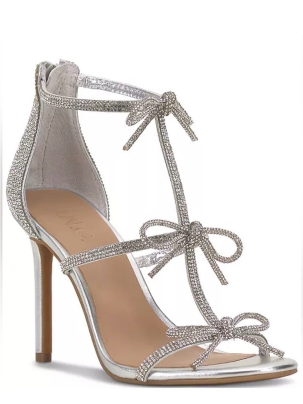 INC International Concepts Silver Rhinestone Bow in T-Strap Stiletto Sandals
